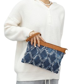Minache Women Envelope Handbag Quilted Jean Denim Wristlet Clutch Purses PU Leather Zipper Satchel Wallet