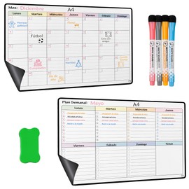 YSANCOR® Magnetic Fridge Calendar, Monthly or Weekly Planner + 4 Felt Tip Pens and 1 Eraser | Options in A4 and A3 Sizes | Ideal as a Weekly Planner (Monthly + Weekly