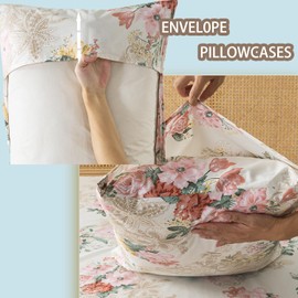 Zusbest- Full Sheets, Soft 100% Cotton Pink & Cream Floral Bed Sheets, Shabby Vintage Chic Peony Flower Printed Sheets, Breathable Luxury Bedding 4 Piece Deep Pocket Sheets