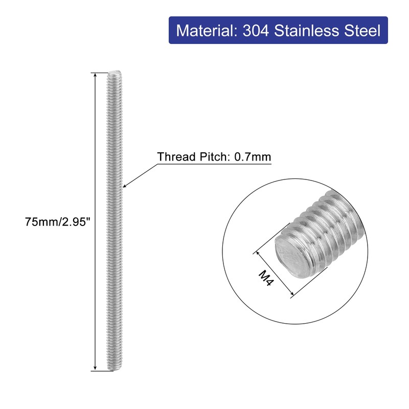 QUARKZMAN 8 Pieces Threaded Rods, M4 x 75 mm, 304