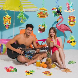 32pcs Aloha Party Decorations Hawaiian Luau Hanging Swirls Tropical Summer Tiki Party Decorations Flower Palm Flamingo Sign Foil Ceiling Hawaiian Decor Ect Beach Hawaiian Party Supplies