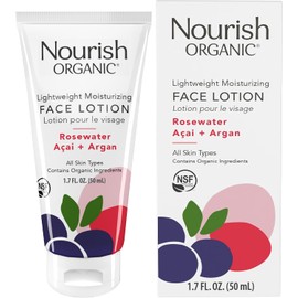 Nourish Organic Loción facial hidratante ligera, agua de rosas y argán, sin OMG, sin crueldad, 100% vegana (1.7 onzas)