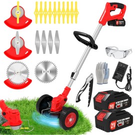 Electric Cordless Weed Wacker Eater Battery Powered, 21V Lightweight No-String Grass Trimmerwith 2 Battery Operated & Wheels, 3 in 1 Stringless Weed Trimmer/Edger/Brush Cutter for Garden Yard Lawn
