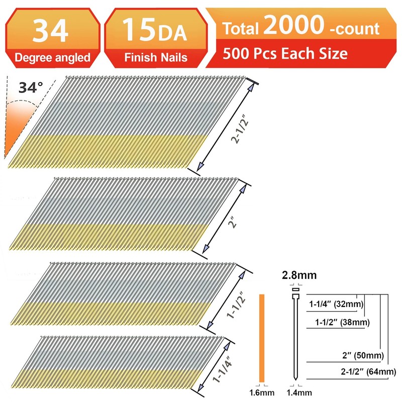 15 Gauge DA Angled Finish Nails,2-1/2",2",1-1/2",1-1/4":2000Pcs