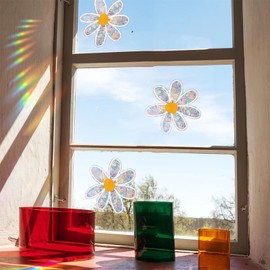 Trantranapa 3pcs Flowers Suncatchers Stickers for Glass Window Stickers Shiny Rainbow Prism Window Clings for Bird Strikes Charming Daisy Window Decals for Bird Strikes Prism Reusable (Flowers)