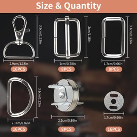GOTDYBST 56PCS Bag Making Supplies Set, Including D Rings for Bags, Zinc Alloy Swivel Keyrings Clasps, Copper Magnetic Buttons, Metal Buckle, Silver Bag Accessories for Backpack Handbag