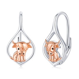 Hypoallergenic Highland Cow Earrings 925 Sterling Silver Rose Gold Hoop Earrings for Women Girls Western Cowgirl Boho Cow Earrings Jewelry Gifts