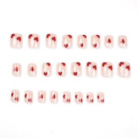Hrnsnails Valentines Day Nails - Valentines Press On Nails Short Square, Valentines Fake Nails with White Polka Dots&Red Heart Design, Artificial Valentines Nails Stick On Nails for Women-24Pcs