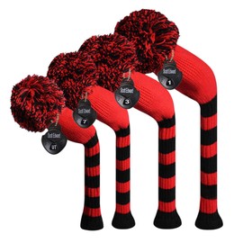 Scott Edward 4Pcs Golf Headcover Set for Wood Covers-Driver(460cc) Fairway Hybrid Big Pom Elastic Protect Golf Club from Scratches Perfect Match for Golfer (Big Red Stripes)