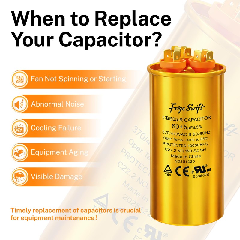 FrigeSwift 60+5 uF CBB65 Dual Run Capacitor 370/440VAC 2-Pack