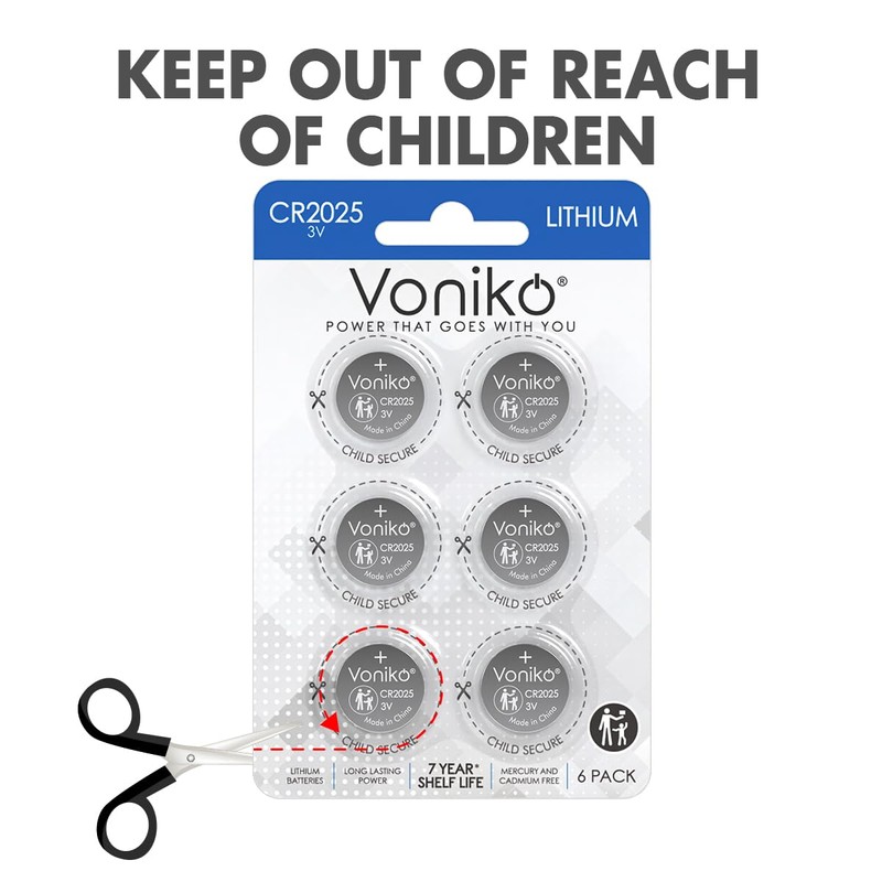Voniko CR2025 3V Lithium Batteries 6 Pack for Child Safety,