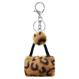 TUCEWP Leopard Print Pom Pom Keychain Miniature Tote Bag Shape Keychain Artificial Fur Ball Keychains Fluffy Tote Pendant for Handbag Charms Aesthetic Purse Bag Car Accessories Birthday Christmas Gift