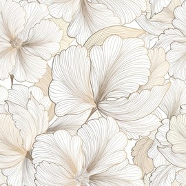 FunStick White and Gold Wallpaper Peel and Stick Gold Ginkgo Leaf Floral Wallpaper Mural for Bathroom Walls Self Adhesive Modern White Gold Beige Hibiscus Floral Contact Paper for Cabinets 17.5"x118"