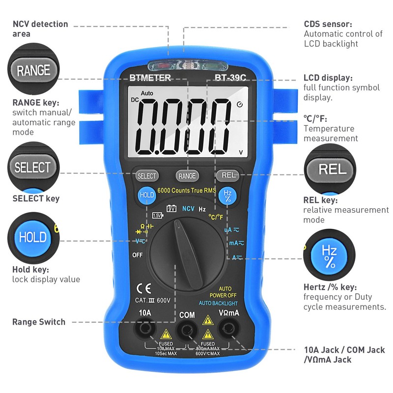 BTMETER BT-39C Multímetro True RMS, avómetro digital de rango automático,