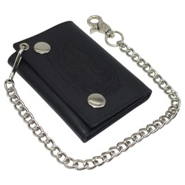 MARSHAL Guadalupe Virgin Men's Trifold Biker RFID Blocking Genuine Leather Steel Chain Wallet Snap closure for Men (Guadalupe Virgin Blind)