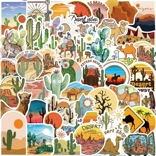Desert Travel Stickers, Cute Camel Cactus Stickers, 50Pcs Hapiuen Vinyl Waterproof Aesthetic Stickers for Water Bottle Laptop Guitar Skateboard Scrapbook Luggage Decals, Adventure Stickers Pack for Kids Teens Adults (Desert)