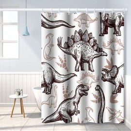 Umpoo Dinosaur World Bathroom Shower Curtain Various Dinosaurs Sketch Pattern Tan Shower Curtain with Hooks Waterproof Fabric Polyester Shower Curtain for Kids Boys Bath Decorative, 72x96 Inch
