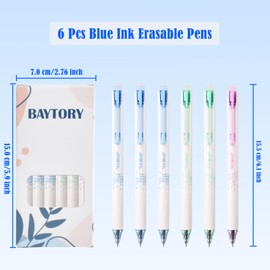 BAYTORY 6Pcs Fine Point Erasable Pens Blue, 0.5mm Gel Ink Pen with Eraser for School Office Smooth Writing Crossword Puzzles (Blue Ink)