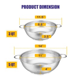 E-far 3QT & 5QT Colander Set of 2, Stainless Steel Micro-Perforated Colander Strainer with Handle for Kitchen/Draining Pasta/Rinsing Vegetables Fruits, Heavy Duty Metal & Dishwasher Safe