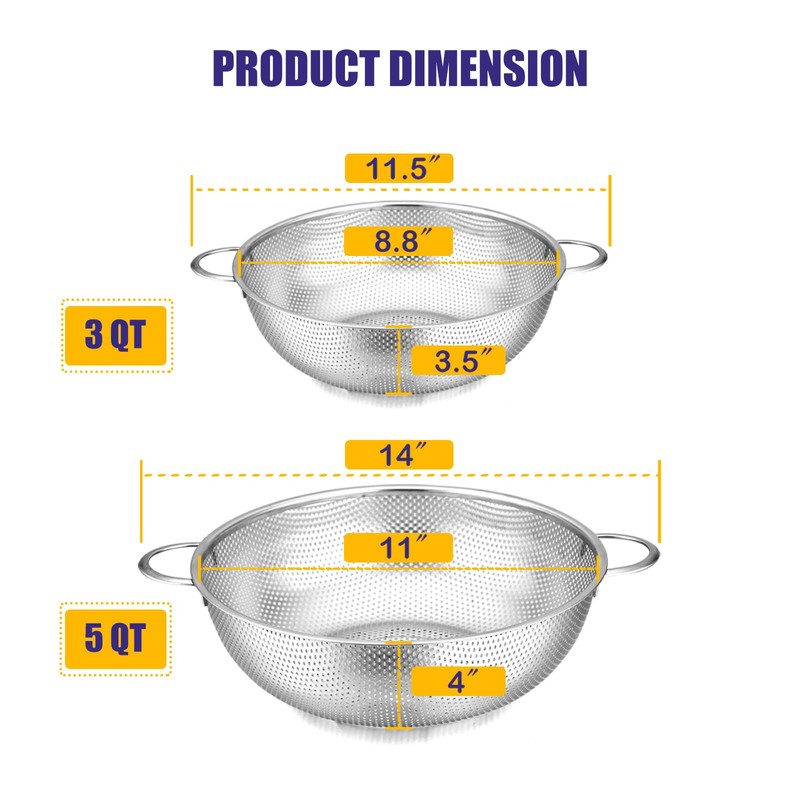 E-far 3QT & 5QT Colander Set of 2, Stainless Steel