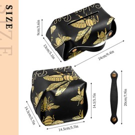 Poeticcity Golden Bees Honey Bee Bumblebees Seamless on Black Rectangle Tissue Box Cover, Leather Tissue Box Holder for Bathroom, Office, Night Stands and Vanity Tissues Box 9.4x5.1x3.6 in