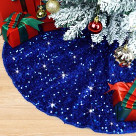 BSHSPX Blue Christmas Tree Skirt 36 Inch Velvet Sequin Tree Skirts Artificial Tree Skirt Santa Christmas Decorations Sparkly Round Tree Cover Skirt Royal Blue Xmas Skirt Tree for Winter Holiday