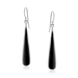 Simplistic Boho Fashion Black Onyx Inlay Long Flat Teardrop Shaped Dangle Earrings For Women Teen .925 Sterling Silver Fish Hook Wire Threader
