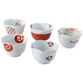 Saikai Pottery Hasamiyaki 20626 Small Bowl Plate, 3.5 inches (9 cm), Set of 5, Nishiki-e Change, Hexagonal, Made in Japan 20626 Red