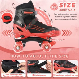 LEJIJIT Roller Skates for Kids Boys Girls Toddler Ages 3-12, Adjustable 4 Sizes for Kids and Youth Teen with Light Up Wheels, Quad Red Roller Skates for Sports (Big Kid 1Y-4Y)