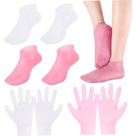 Juego de 4 pares de guantes y calcetines hidratantes silicona, calcetines y guantes antideslizantes para spa, alta elasticidad, reutilizables para suavizar las manos los pies, hidratar en sec