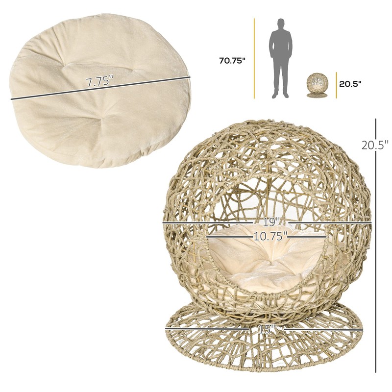 PawHut Rattan Elevated Cat Bed Kitty Condo with Comfortable Soft