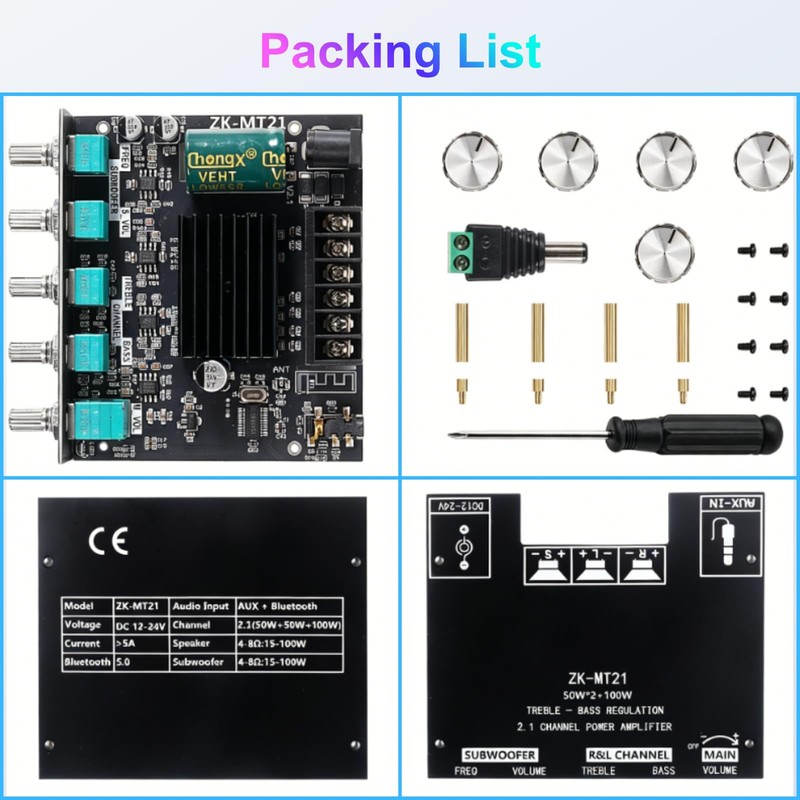 ZK-MT21 2.1 Channel Bluetooth Amplifier Board, 50W×2 + 100W Class