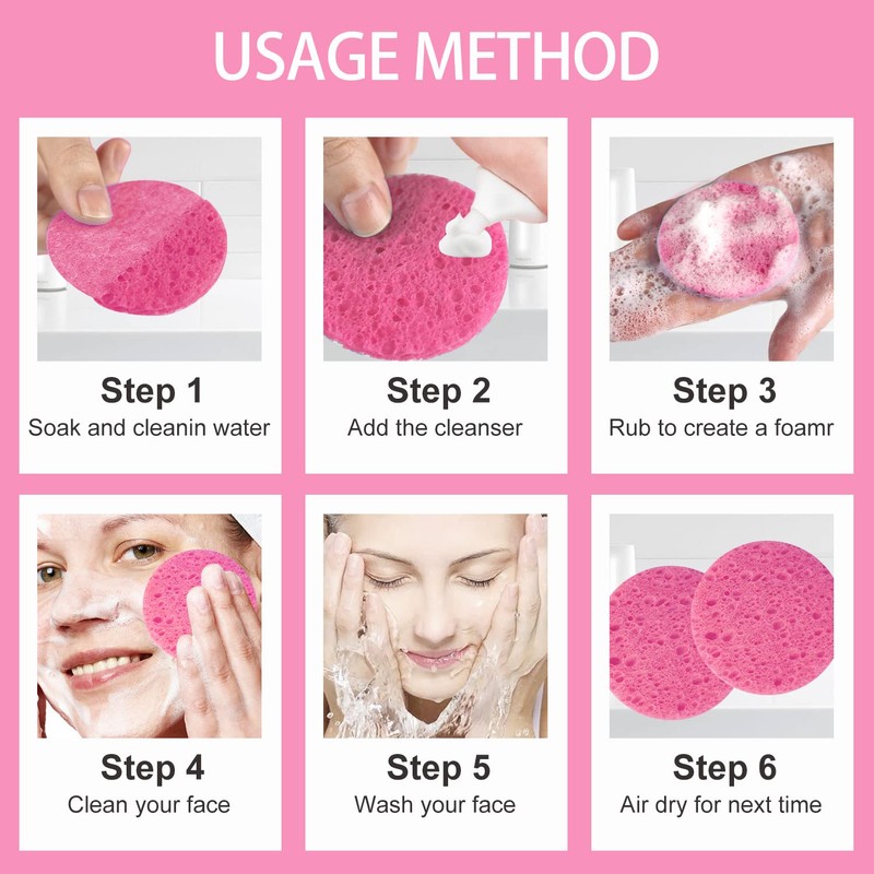 Spunspon 50-Count Facial Sponges, Compressed Natural Cellulose, Pink, Round Shape,