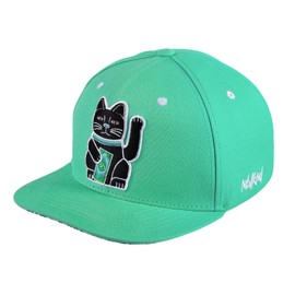 Nebelkind Snapback Cap Men Women Maneki Neko Mint Green, OneSize, Basecap Cap, Size Adjustable, Unisex, Trendy, Streetwear Style, Baseball Cap with Straight Peak, Retro