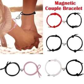 1pair Black Pink Heart Braided Rope Couple Bracelet Magnetic Attraction Shape Adjustable Bracelets Friendship Jewelry Gifts