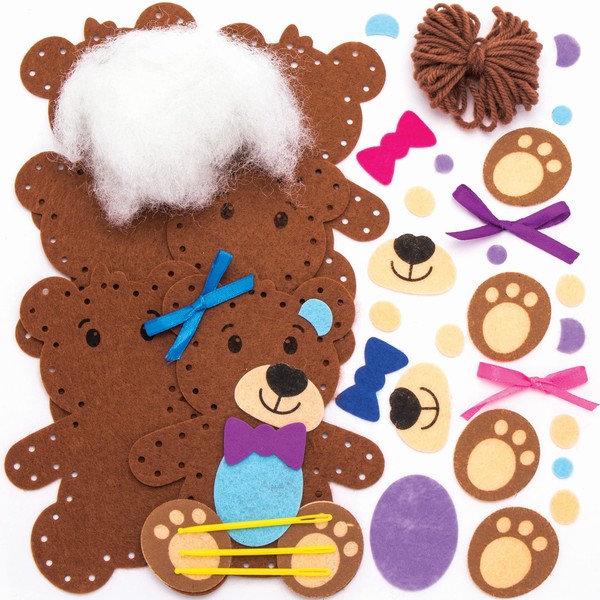 Baker Ross Love Bear Sewing Kits - Pack of 3, Sewing Set for Children, Creative Activities for Kids (FC414), Assorted