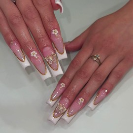 IMRAIN French Tips Press on Nails Long Square Fake Nails Nude Glossy Glue on Nails 3d Butterfly Charm Design Acrylic Squoval False Nails for Women Girls Nails Decoration 24Pcs