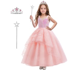keaiyouhuo Girls Pink Bubble Costume for Children Pink Witch Tulle Dress Princess Sequins Outfits with Accessories