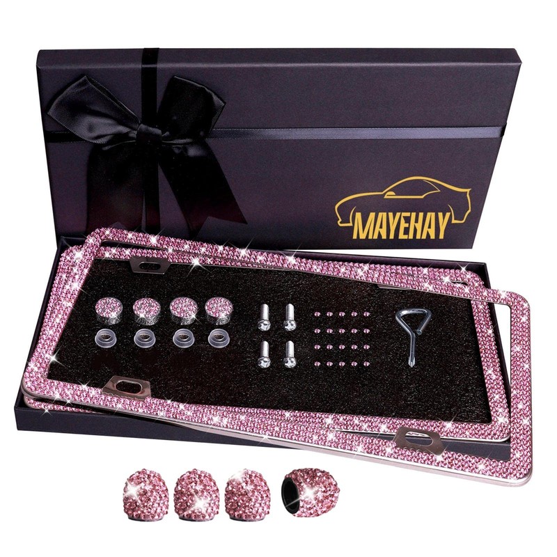 MAYEHAY Pink License Plate Frame 2 Packs Bling License Plate