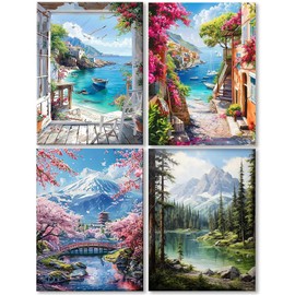 WEMEON 4 Pieces Paint by Numbers Adults (30 x 40 cm) - Landscape Paint by Numbers, Paint by Numbers Kit with 12 Brushes, Acrylic Paints Hand Painted Oil Painting Canvas for Home Decor, Without Frame