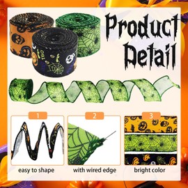 3 Rolls Halloween Ribbons Bat Spider Web Printed Ribbon Wired Ribbon 10 Yards, 1.5 Inch Width for Halloween Wrapping & Crafts (Black, Orange, Green)