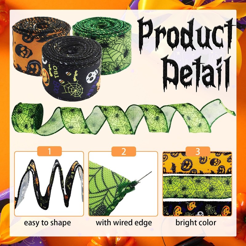 3 Rolls Halloween Ribbons Bat Spider Web Printed Ribbon Wired