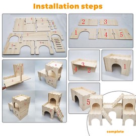 POMFAEE Wooden Dwarf Hamster House, Hamster Tiny House Hideout, Hamster Maze House, Large Balcony Lookout Holes, Easy to Assemble, Detachable Parts, Secure Hideaway, F