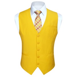HISDERN Men's Formal Waistcoats Wedding Party Cotton Waistcoat Solid Color Vest,Yellow,L(Chest 44.9 inch)