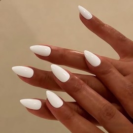 Uñas postizas cortas almendradas, uñas postizas blancas stiletto cortas, uñas acrílicas puntiagudas con cobertura total brillante, uñas postizas con p