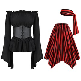 IWEMEK Women's Pirate Dress with Corset Long Pirate Costume Headscarf Striped Skirt Medieval Pirate Costume Short Gothic Dress Renaissance Pirate Off Shoulder A-line Dress for Carnival, black