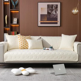 vctops Geometric Quilted Sofa Cover Cotton Sectional Couch Covers Anti Slip L Shape Couch Cover for Kids Dog, Armrest Backrest Loveseat Furniture Protector, 1 Piece/Not All Set (Beige,43"x70")