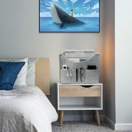 Foldable magazine storage basket, solid wood handle felt organizer, can store magazines, newspapers, laptops, glasses, phones and other items, suitable for home or office storage of(light gray)