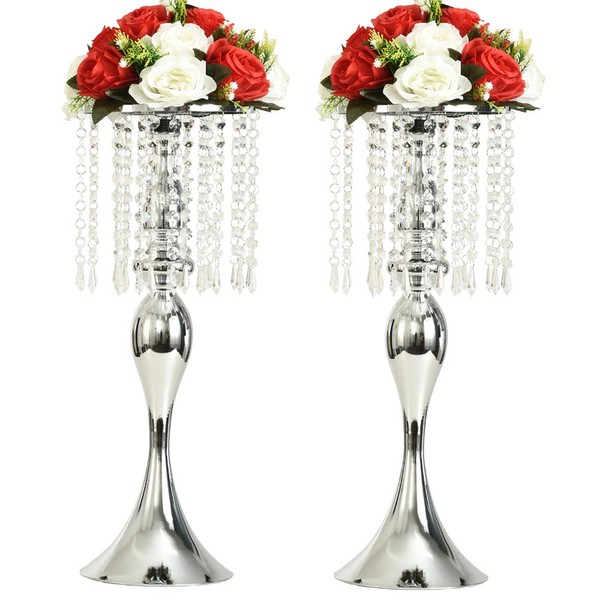 LANLONG Set of 2 Crystal Centerpieces for Tables Silver Metal Flower Vase Stand for Wedding Party Reception Home Decor