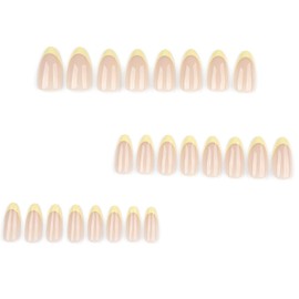 French Tip False Nails - Short Almond Press On Nails - Yellow Tips False Nails With Glue - Natural Glossy Oval Fake Nails - Reusable Acrylic Full Cover Stick On Nails For Women Daily Wear DIY Nail Art